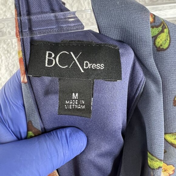 BCX NWT Womens M  Floral Blue Halter Maxi Slit Pleated Dress Belt Sheer Overlay - Picture 12 of 16